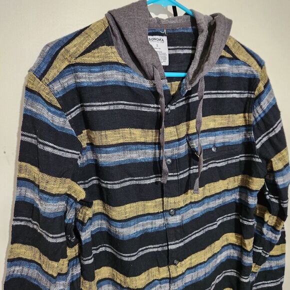 sonoma hooded Flannel Button Down Shirt For Men Size Small Striped  New - Picture 3 of 8